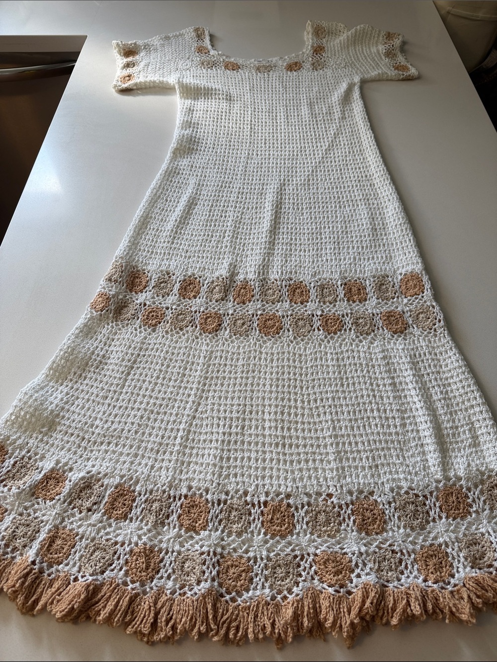 Boho White Crochet Maxi Dress with Tan Accents